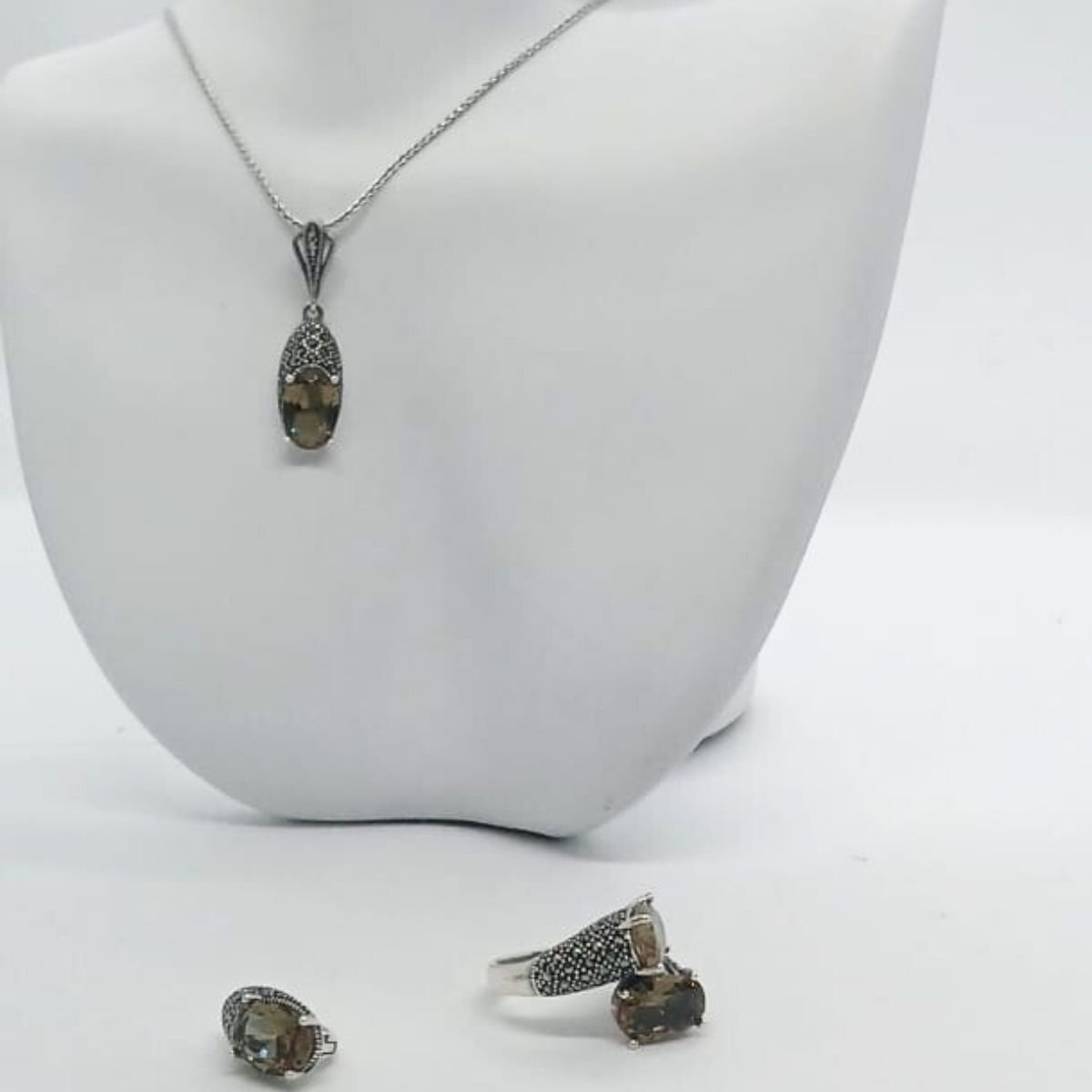 Markazit Kenarlı Zultanit Doğal Taşlı Gümüş Takım