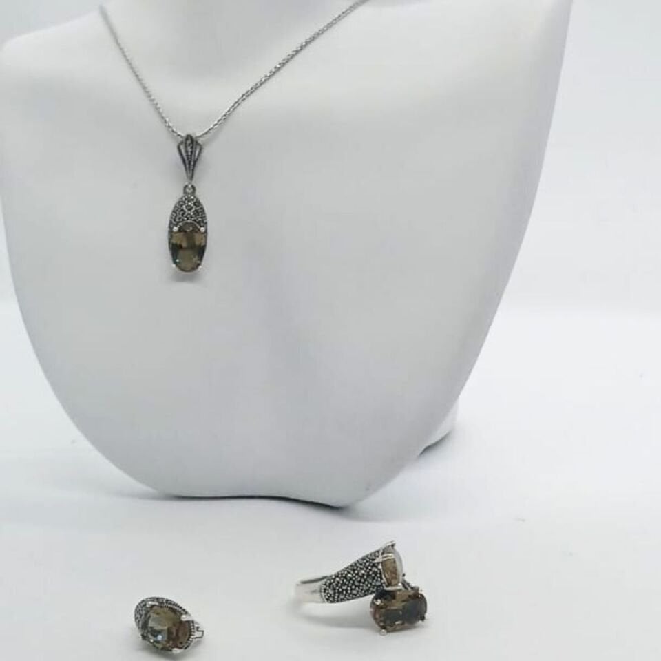 Markazit Kenarlı Zultanit Doğal Taşlı Gümüş Takım
