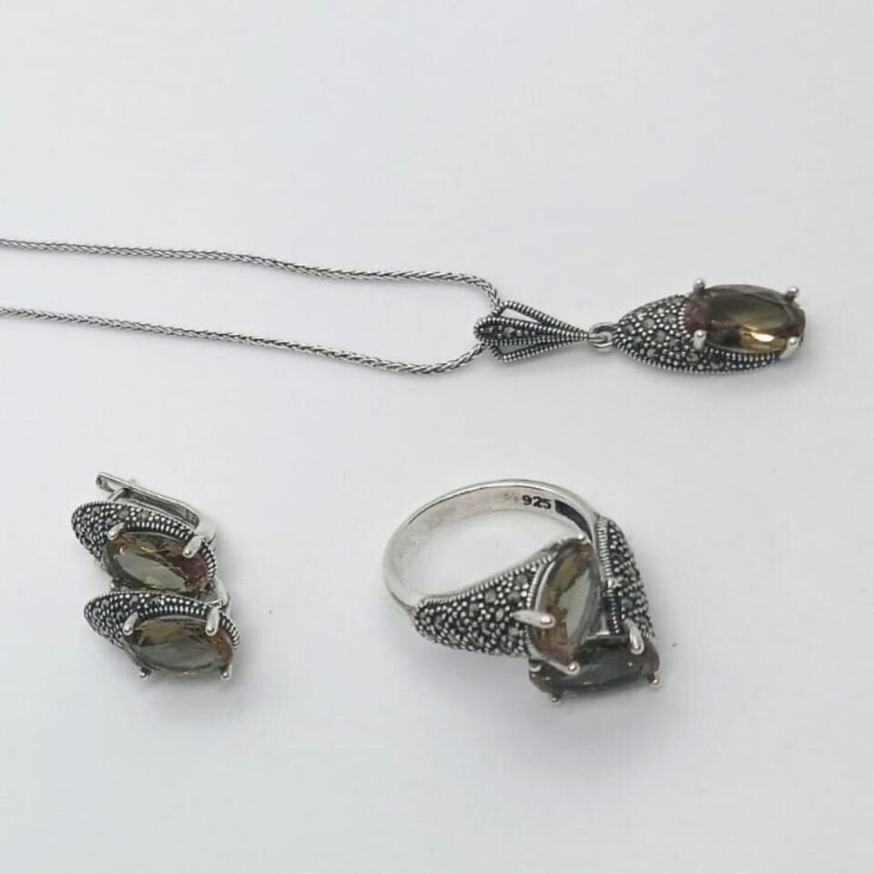 Markazit Kenarlı Zultanit Doğal Taşlı Gümüş Takım