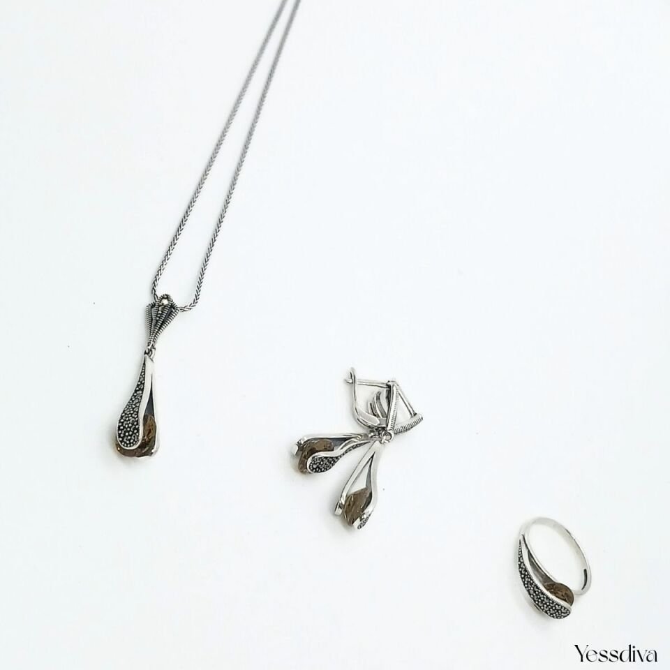 Markazit Kenarlı  Zultamit Hareketli Doğal Taşlı Gümüş Takım