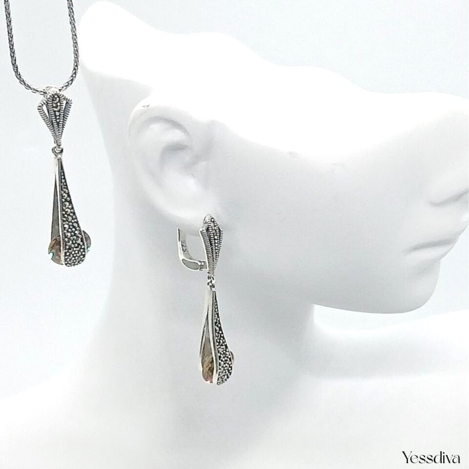 Markazit Kenarlı  Zultamit Hareketli Doğal Taşlı Gümüş Takım