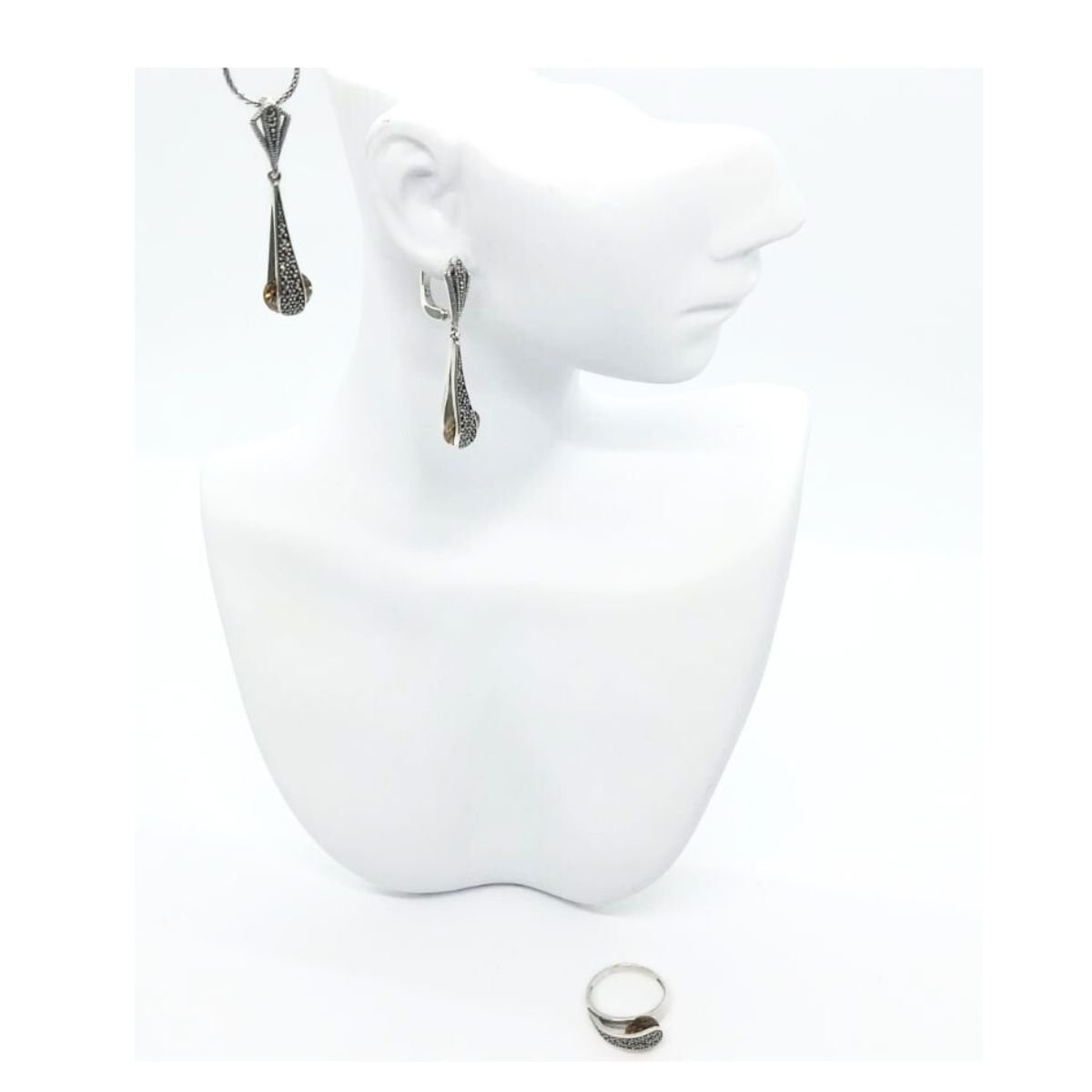 Markazit Kenarlı  Zultamit Hareketli Doğal Taşlı Gümüş Takım