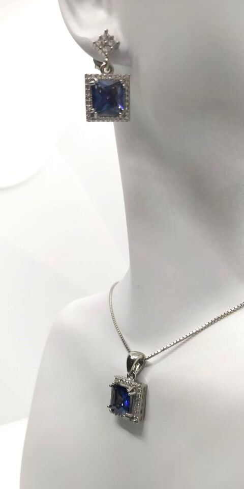 Mavi Topaz Kolye Yüzük Küpe Gümüş Takım