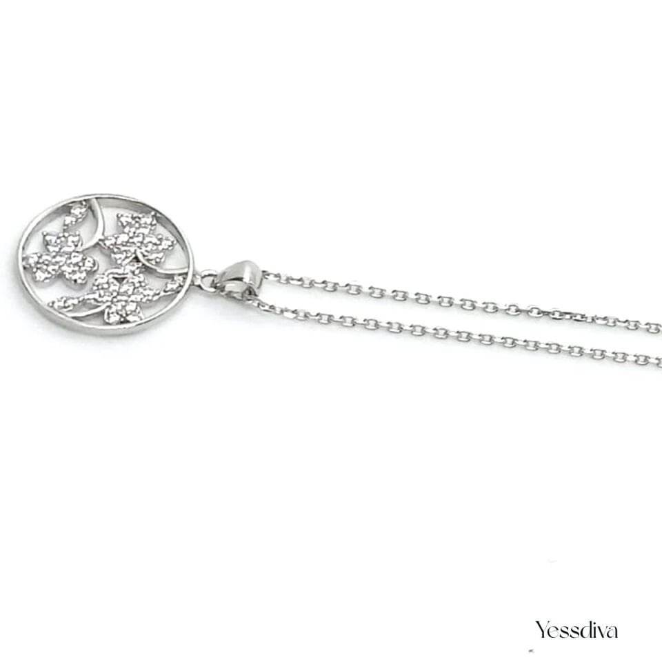 Çiçek Zirkon Taşlı Kurdele Desen Gümüş Kolye