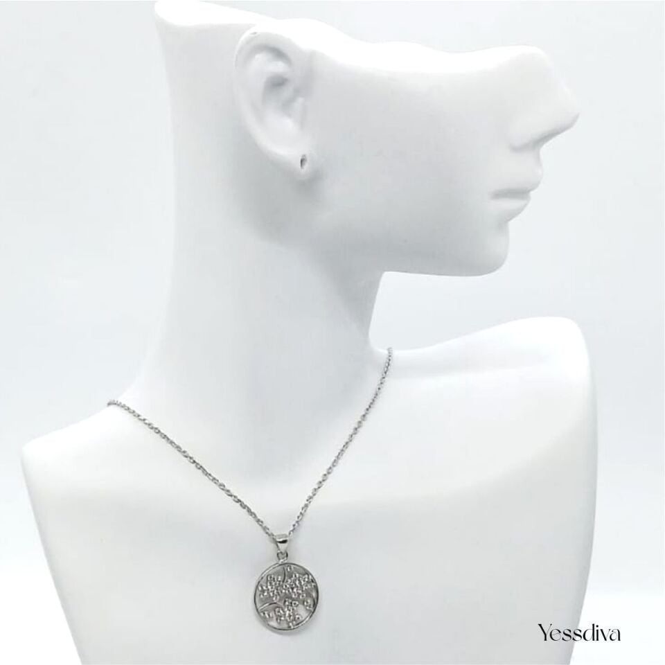 Çiçek Zirkon Taşlı Kurdele Desen Gümüş Kolye